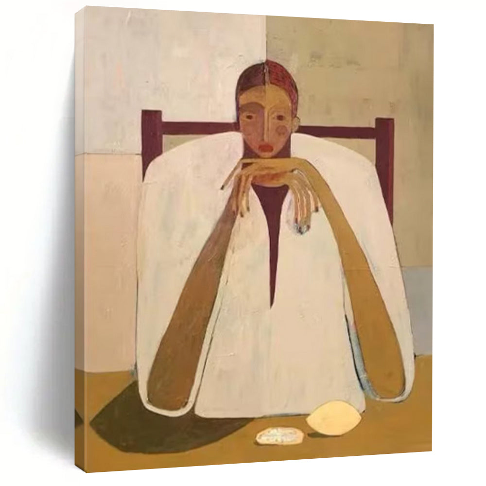 “Seated Figure in White Cloak” – Contemplative Figurative Painting with Minimalist Setting DTP142