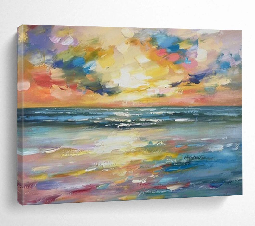 Hand - painted Large - Scale Vibrant Sunset Beach Acrylic Art for Relaxing Bedroom Retreats LargeART1748