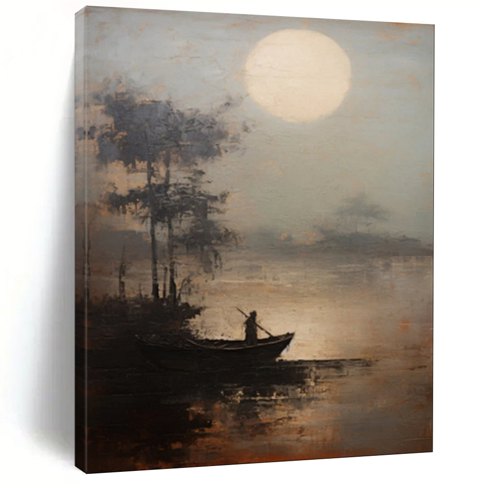 Gray & Brown Moonlit Lake Abstract Art, Perfect for Calming Bedroom LargeART2094