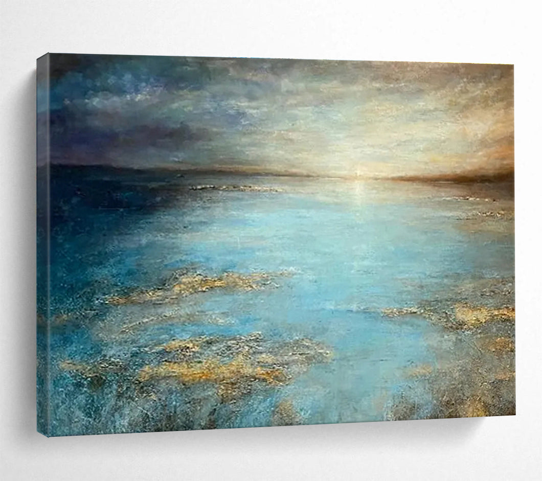 Blue and Gold Seascape Painting on Canvas - “Tranquil Horizons” DKH771