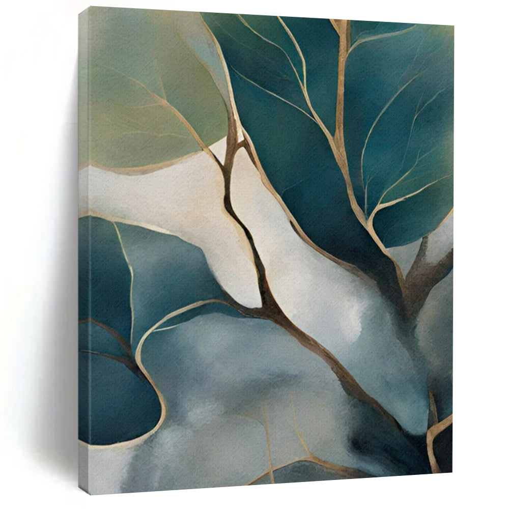 Nature - Inspired Abstract Painting, Teal & Gold Foliage Art for Calming Bedroom & Minimalist Living Room LargeART2253