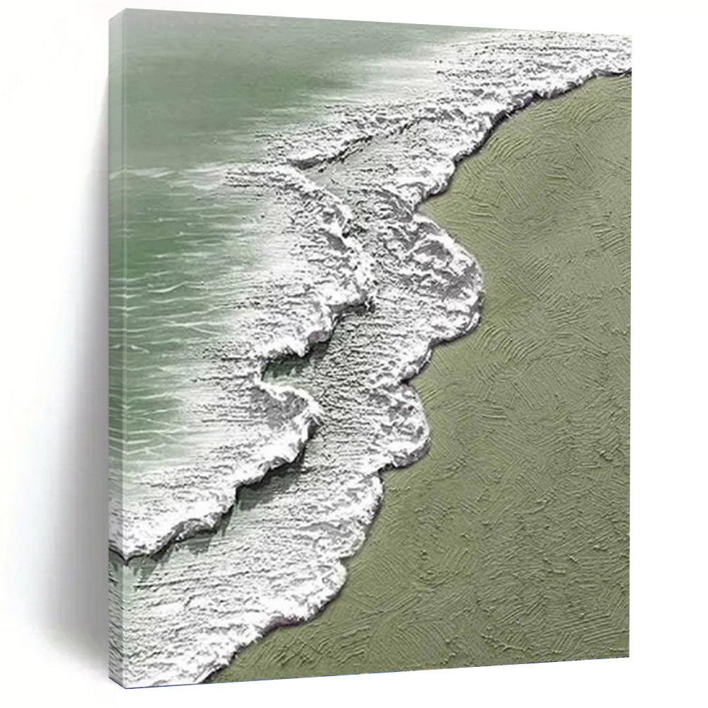 “Textured Seaside Waves” - Green, White Abstract Seaside Art on Canvas DKH1200