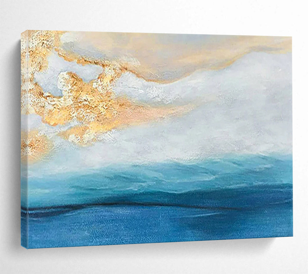 Golden & Blue Seaside Abstract - Dreamy Living Room or Bedroom Art LargeART1521
