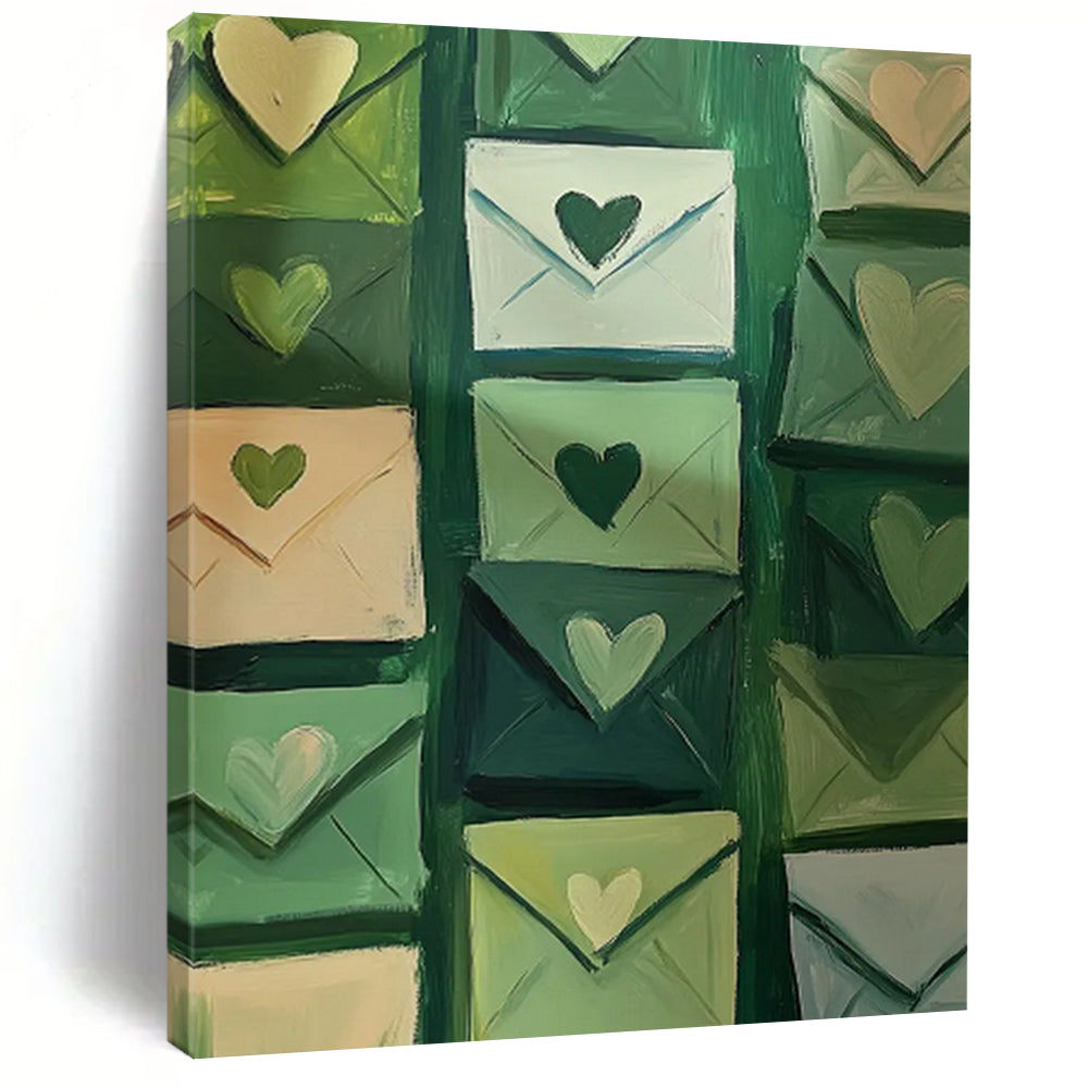 Green Envelopes with Hearts Abstract, Suited for Romantic Bedroom & Cozy Home Office LargeART2031