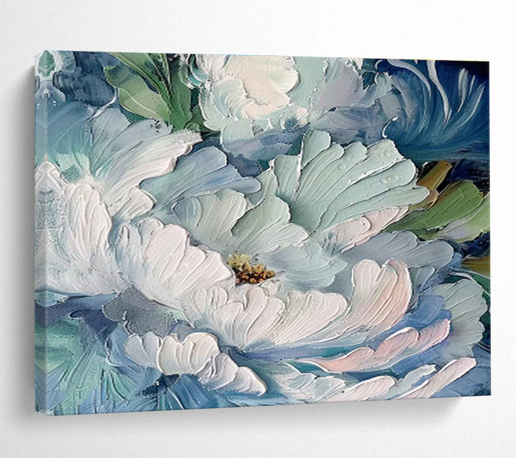 Blue and White Peony Textured Abstract Painting on Canvas - “Elegant Blooms” DKH675