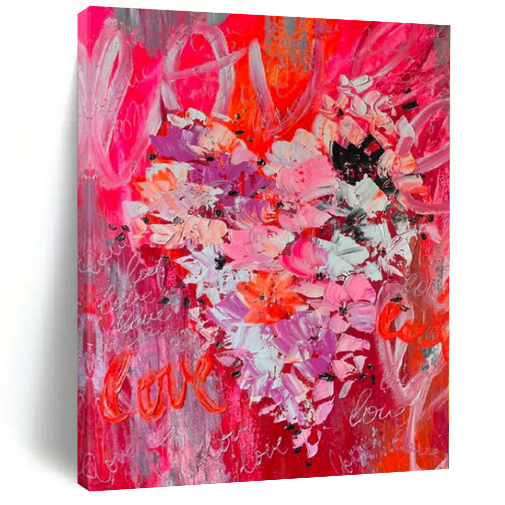 Pink Floral with “Love” Abstract Canvas Painting, Great for Romantic Bedroom & Cozy Café LargeART1197