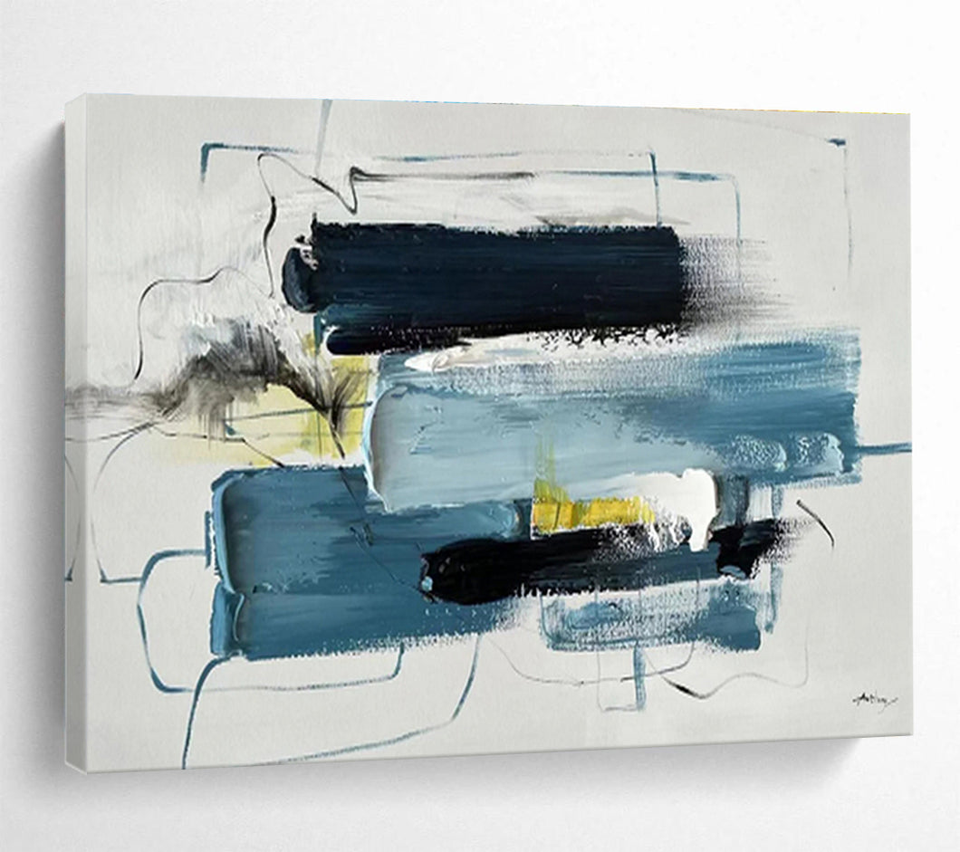 Blue, Black, Yellow, and White Abstract Painting for Creative Studio & Contemporary Office DKH318