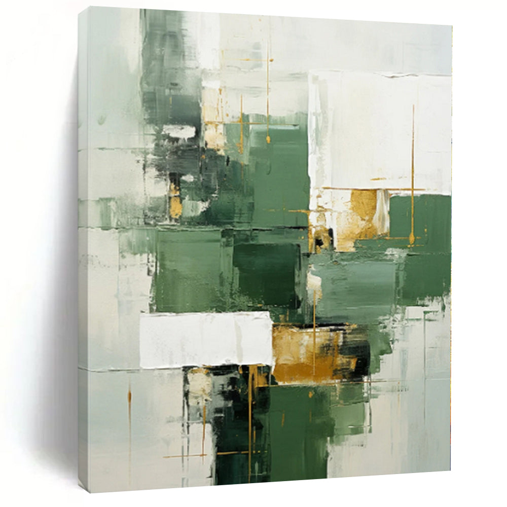 Oversized Hand - painted Green and Gold Geometric Mix Acrylic Art for Modern - Chic Dining Rooms LargeART0199