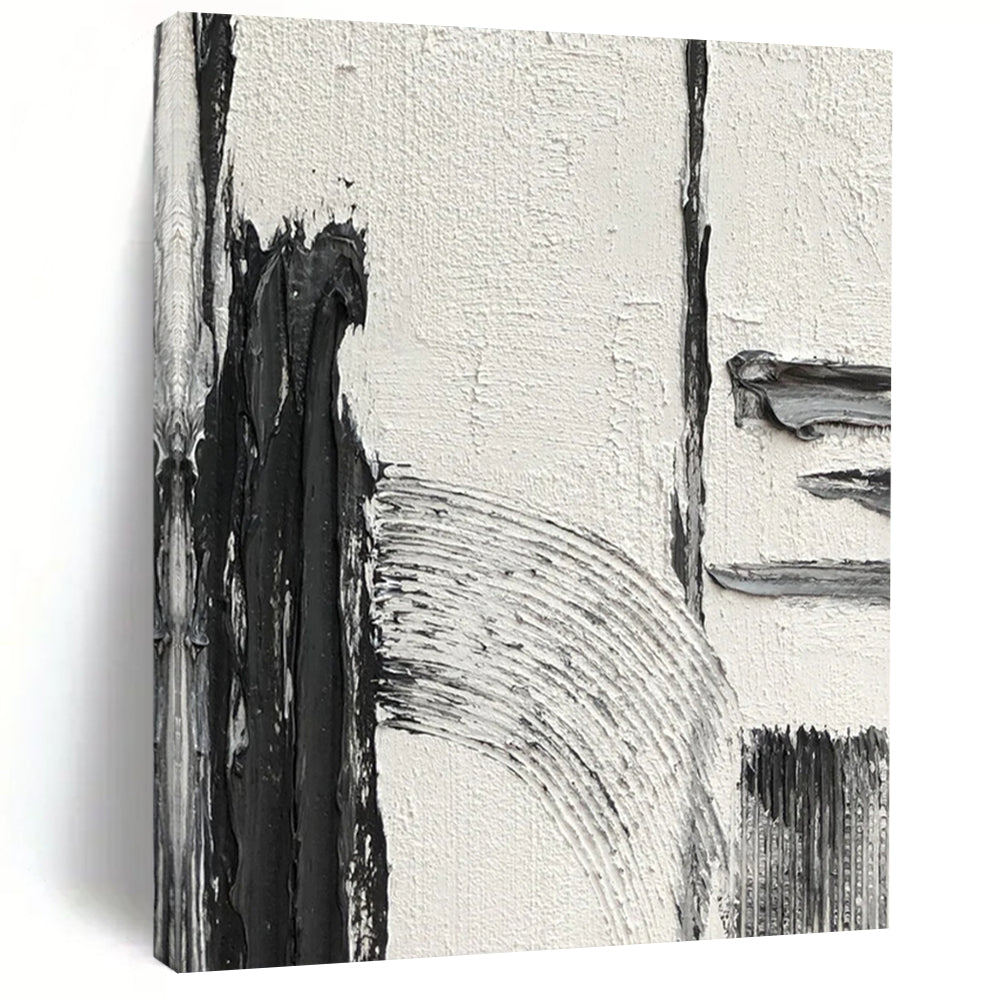 “Textured Intersection” – Thick black, gray, and white strokes, intersecting forms on textured white DTP386