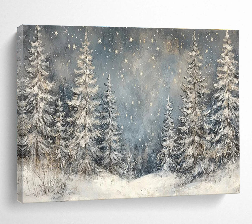 Snowy Forest “Starlight Pines” Painting on Canvas, Winter Wonderland Art DKH810
