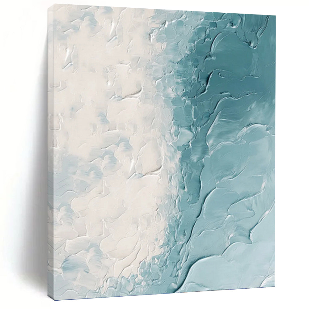 “Textured White and Blue Coastal Waves” - White, Blue Abstract Art on Canvas DKH1250