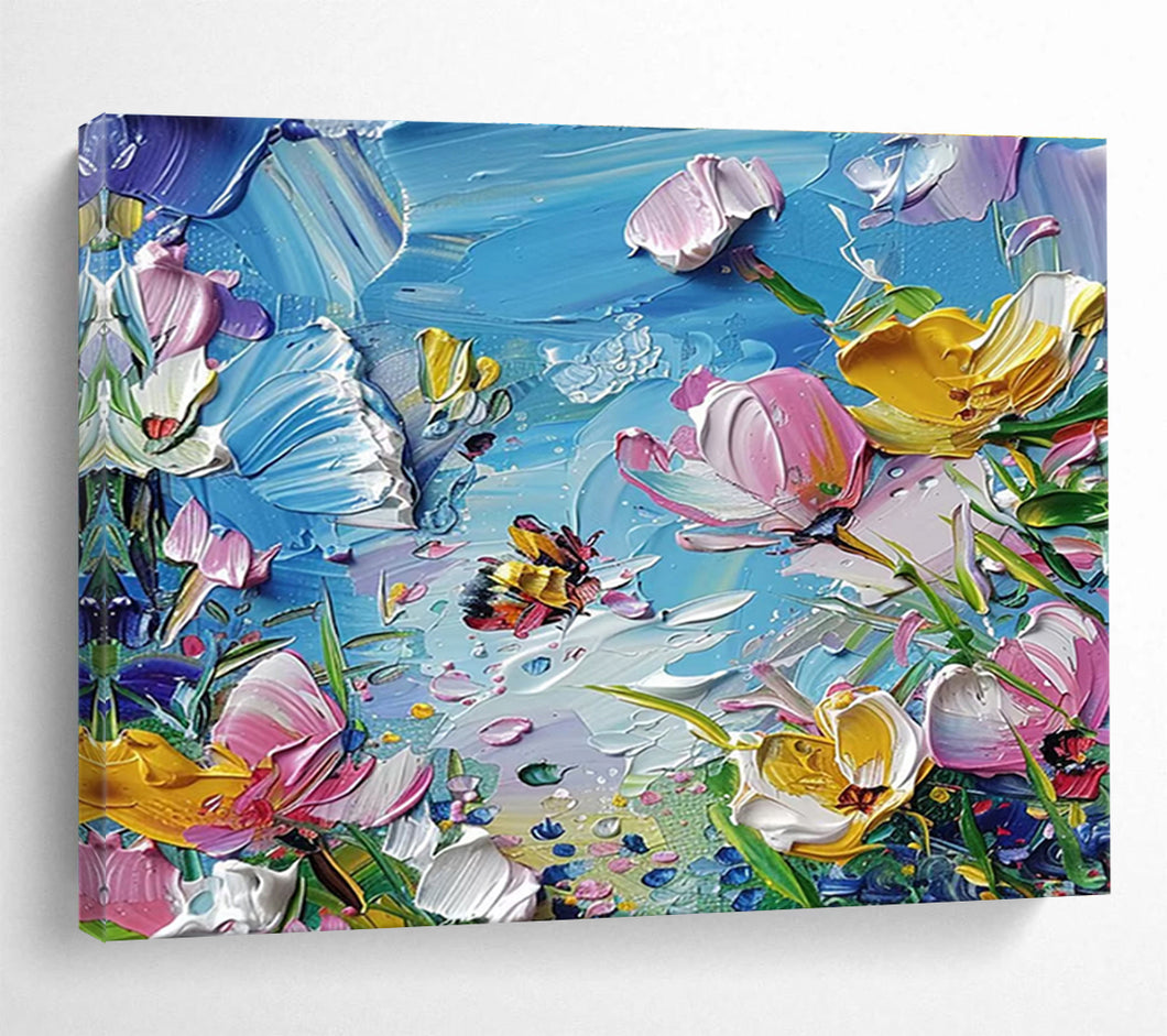 Impasto Flower “Bee - Kissed Blooms” Painting on Canvas, Textured Floral Art DKH834