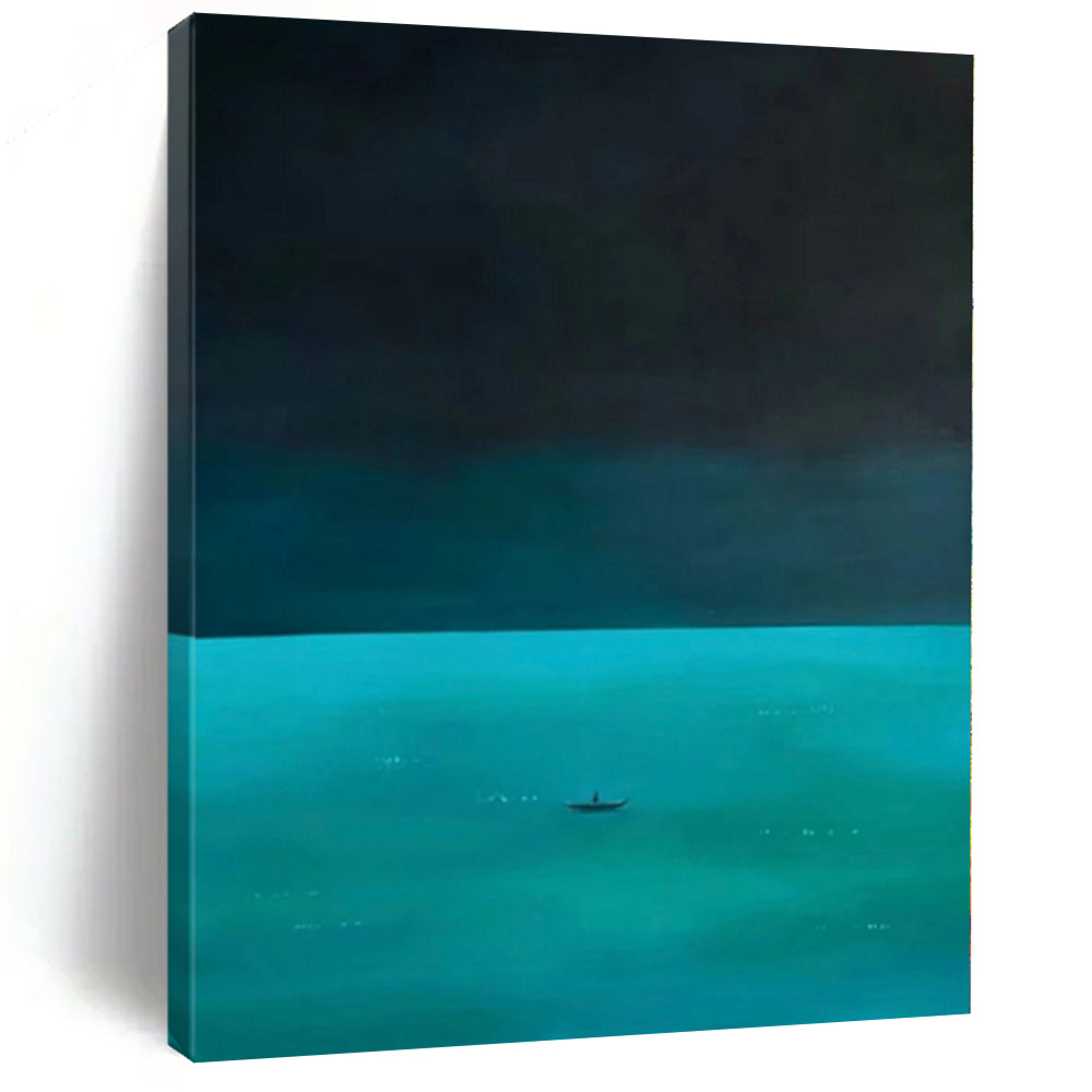 Large - Scale Hand - painted Solitary Boat on Turquoise Sea Acrylic Art for Serene Bedrooms LargeART0194