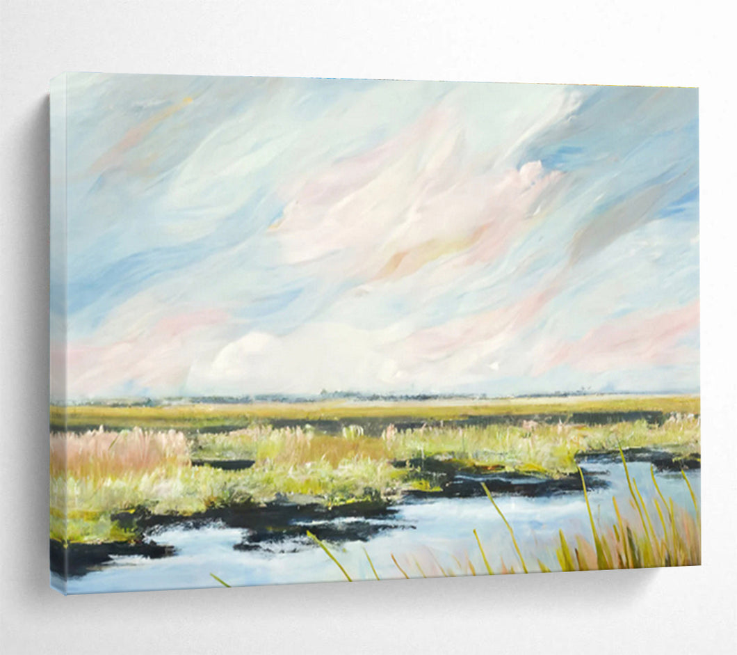 Soft - Toned Marshland Abstract Painting on Canvas - “Quiet Wetlands” DKH664