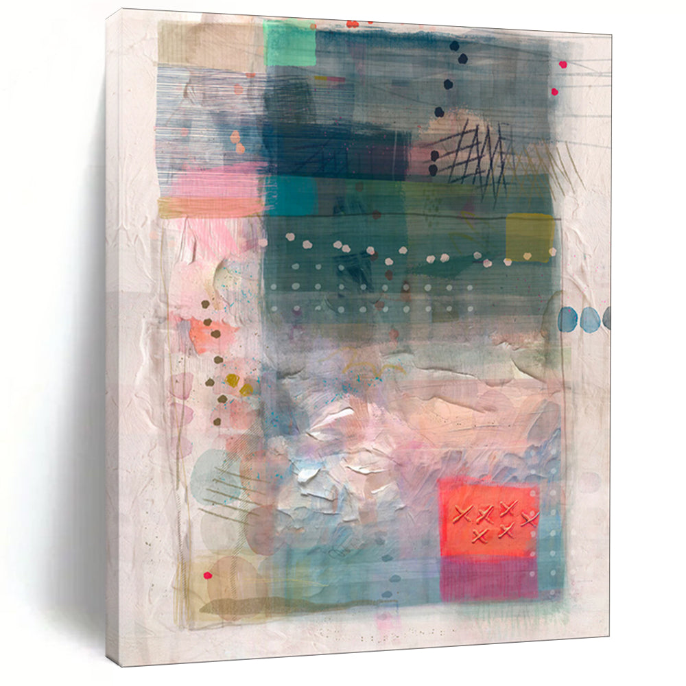 Blue and Pink Collage Abstract Painting, Suited for Coastal Bedroom & Art - Inspired Library LargeART1858