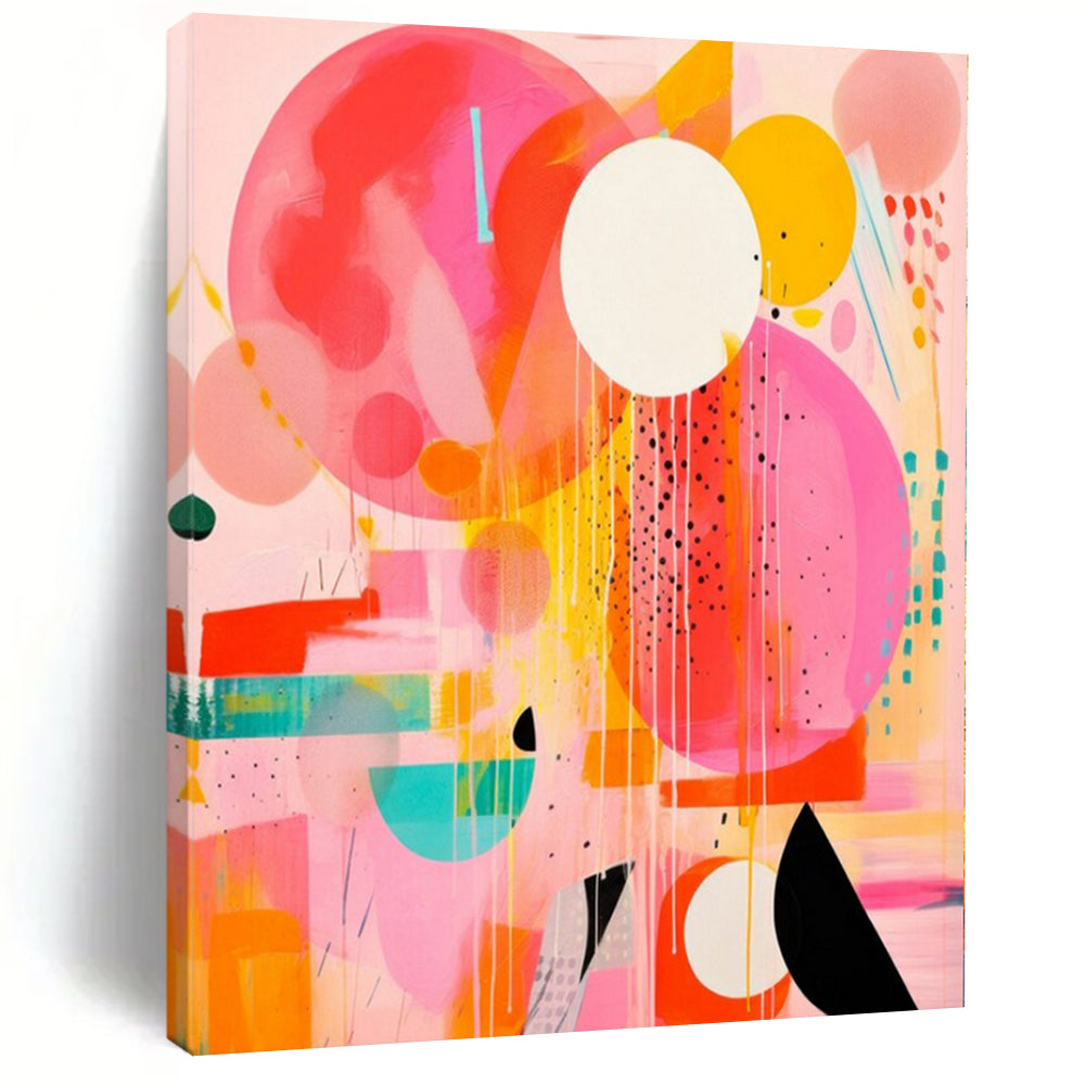 Bold Color Circles and Drips Abstract Canvas Painting, Ideal for Modern Playroom & Artistic Café LargeART1181