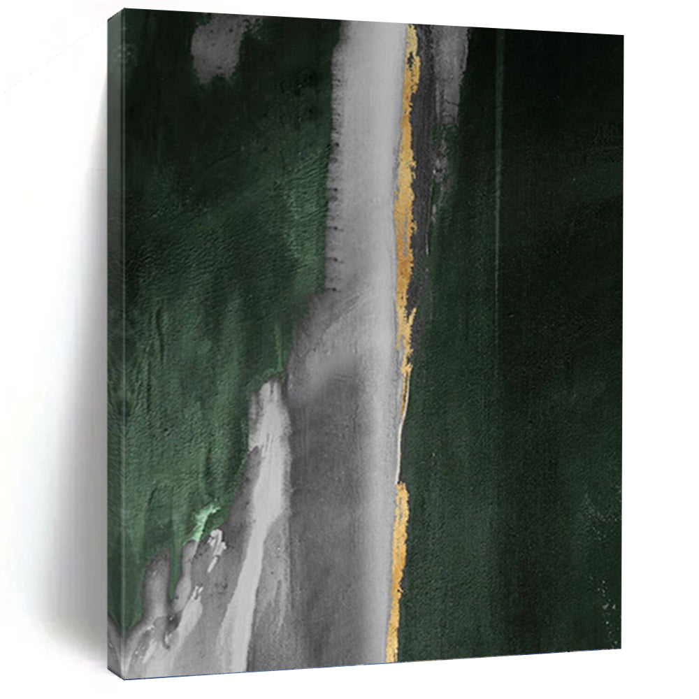 “Gold Strip Green and Grey” - Green, Grey, Gold Abstract Art on Canvas DKH1203