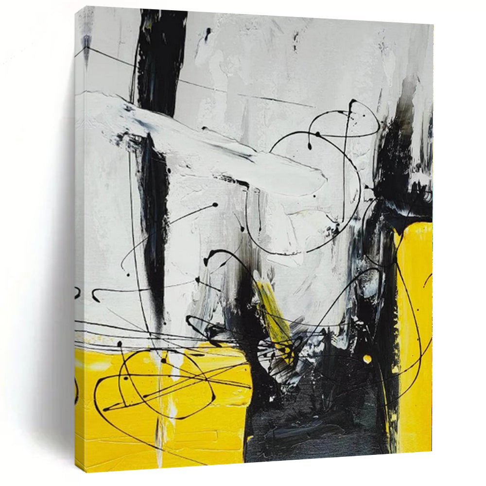 Large - Format Black, White, and Yellow Abstract Acrylic for Minimalist Bedroom & Contemporary Art Space LargeART0318