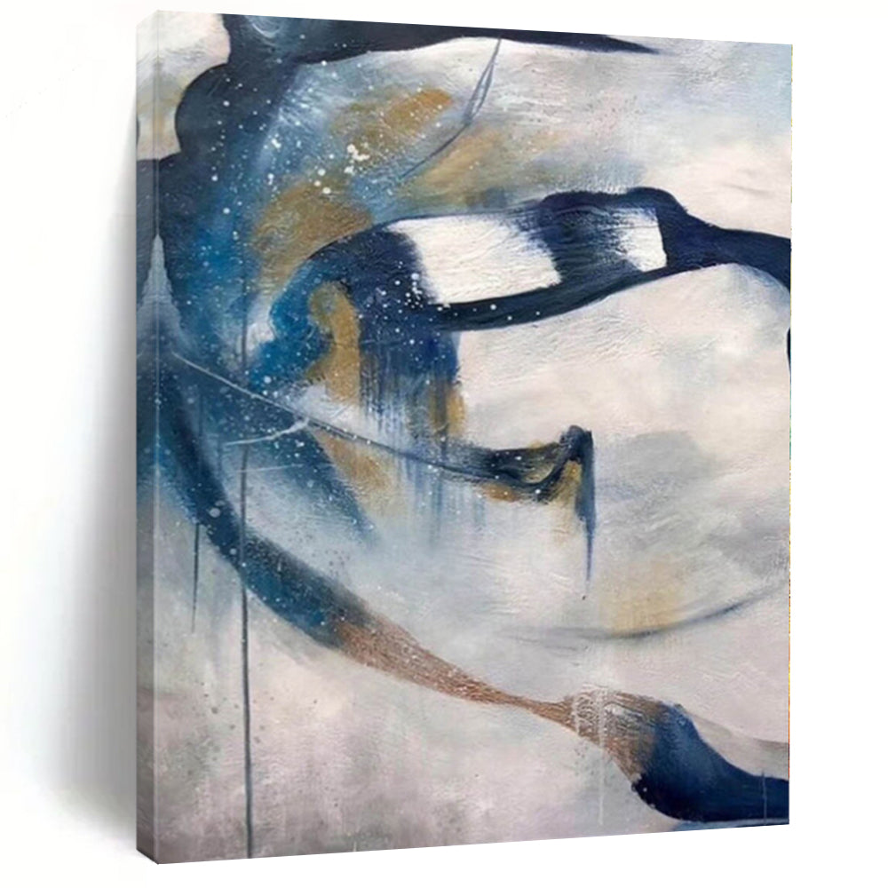 Large - Scale Flowing Blue and Gold Abstract Acrylic for Artistic Bedroom & Creative Studio LargeART0312