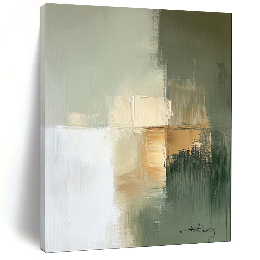 Green & Gold Abstract Geometric Painting, Ideal for Minimalist Bedroom & Chic Office LargeART2081
