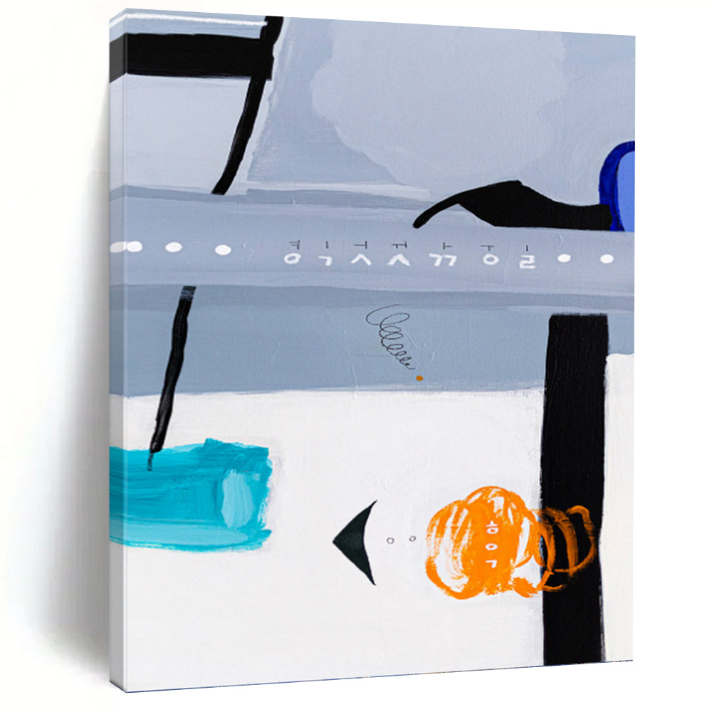 “Abstract Code Mystery” - Grey, Black, Blue, Orange Symbolic Art on Canvas DKH1099
