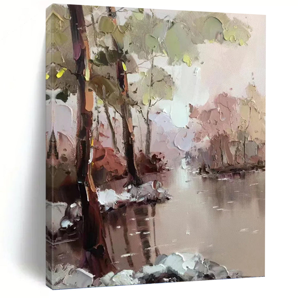 “Pastel Riverbank Forest Scene” - Pastel Multicolor Landscape Art on Canvas DKH1296