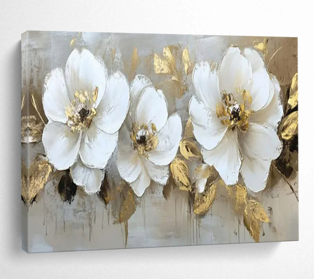 Hand - painted White Flowers with Gold Leaves Acrylic Art for Elegant Dining Rooms LargeART1705