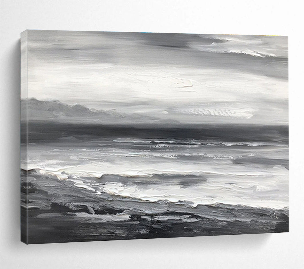Monochrome Seascape Abstract Painting on Canvas - “Gray Ocean Mood” DKH632