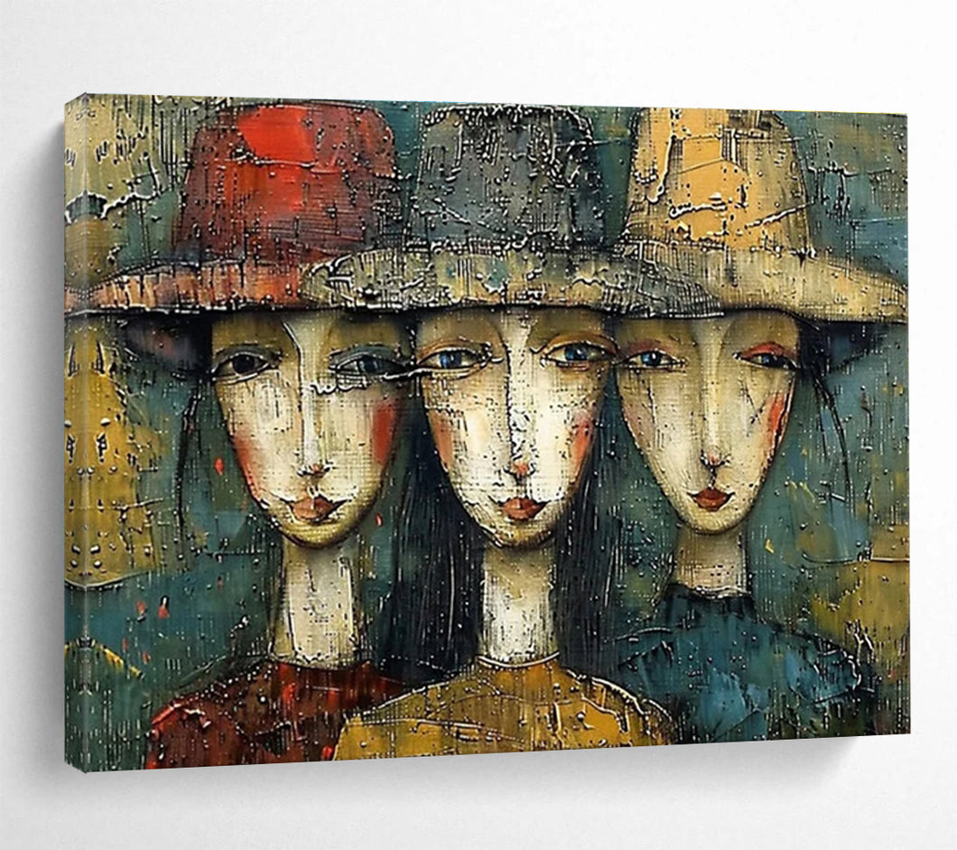 Textured Portrait Painting on Canvas - “Hat - Wearing Figures” DKH763