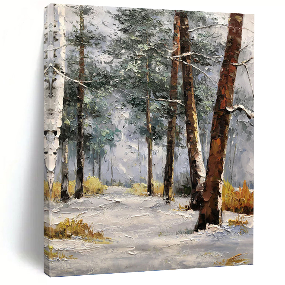 “Snowy Forest Path in Winter” - White, Grey, Brown Landscape Art on Canvas DKH1274