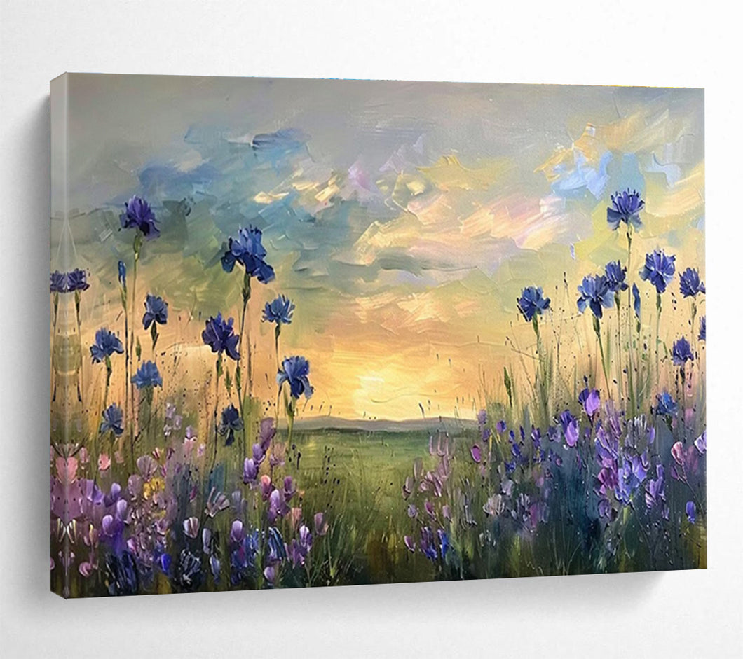 Blue Flower “Sunset Meadow” Painting on Canvas, Serene Floral Landscape DKH819