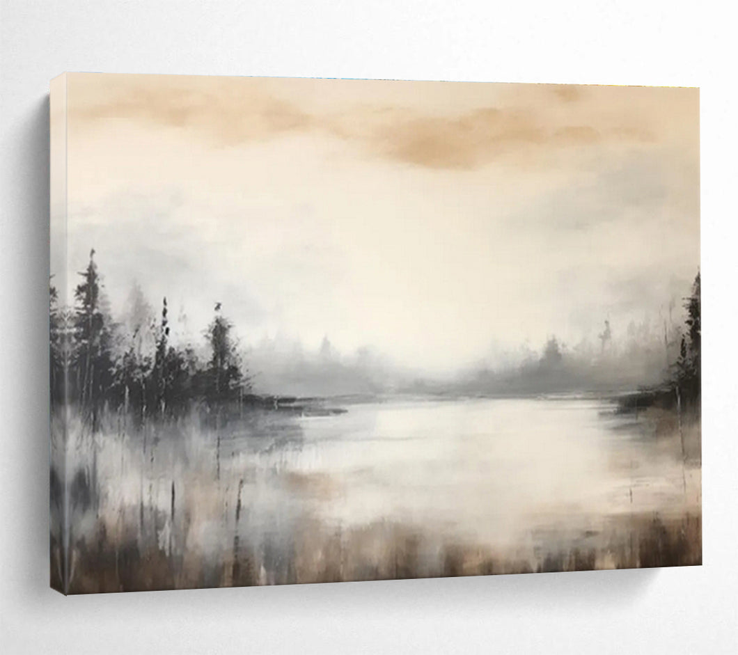 Monochromatic Forest Lake Abstract Painting for Cabin Bedroom & Nature - Themed Study DKH329