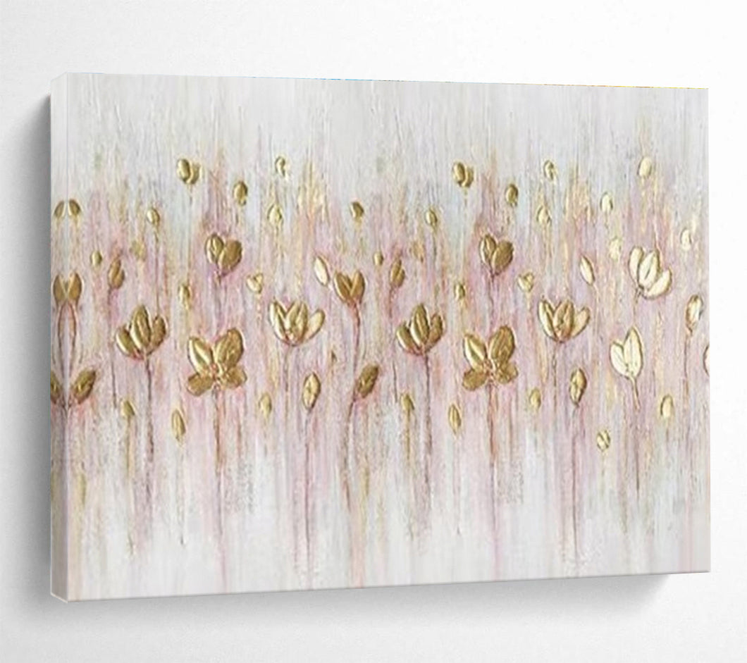 Golden Flowers “Delicate Blooms” Painting on Canvas, Elegant Floral Art DKH875