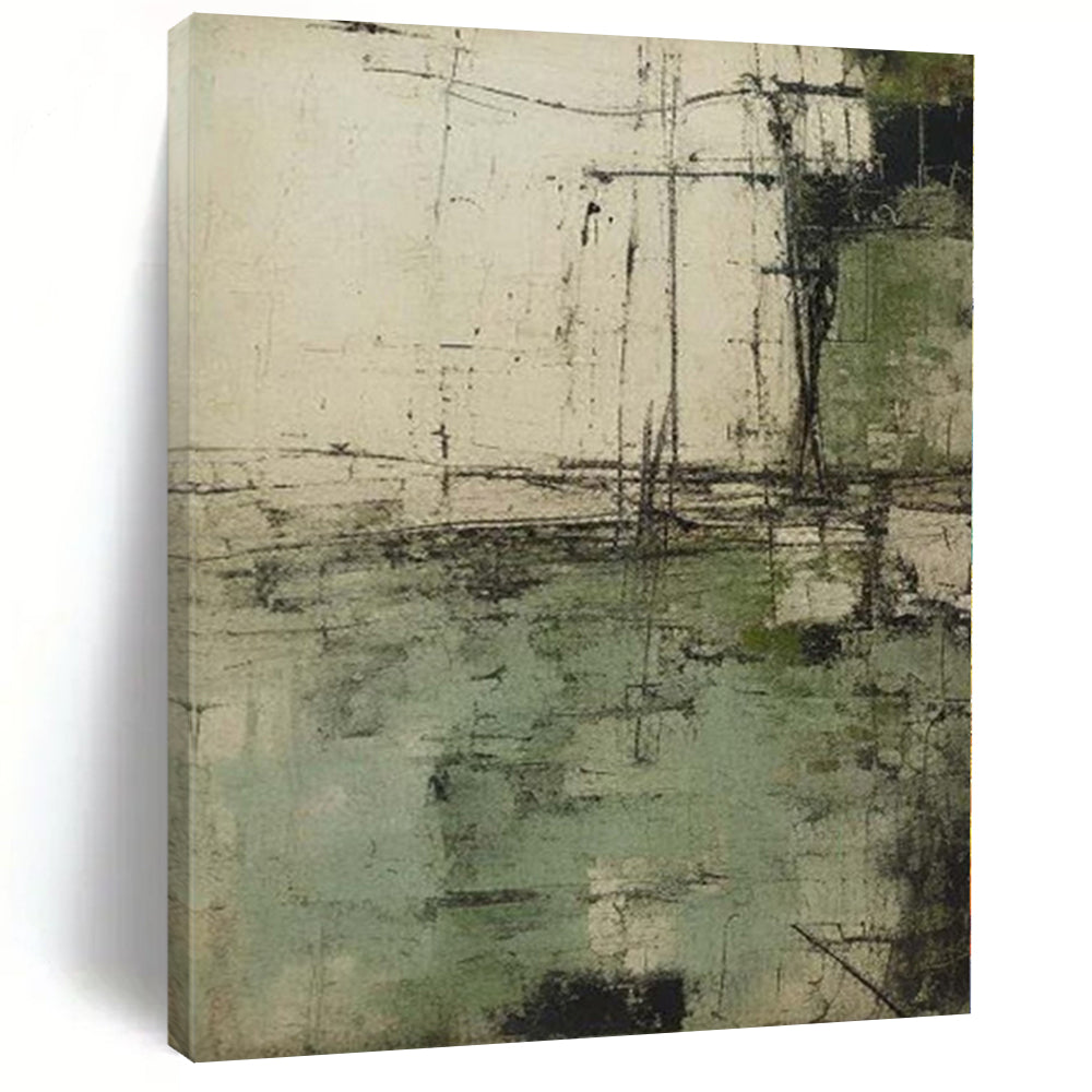 Large - Format Hand - painted Abstract Green & Gray Landscape Acrylic Art for Rustic - Chic Dining Rooms LargeART0166