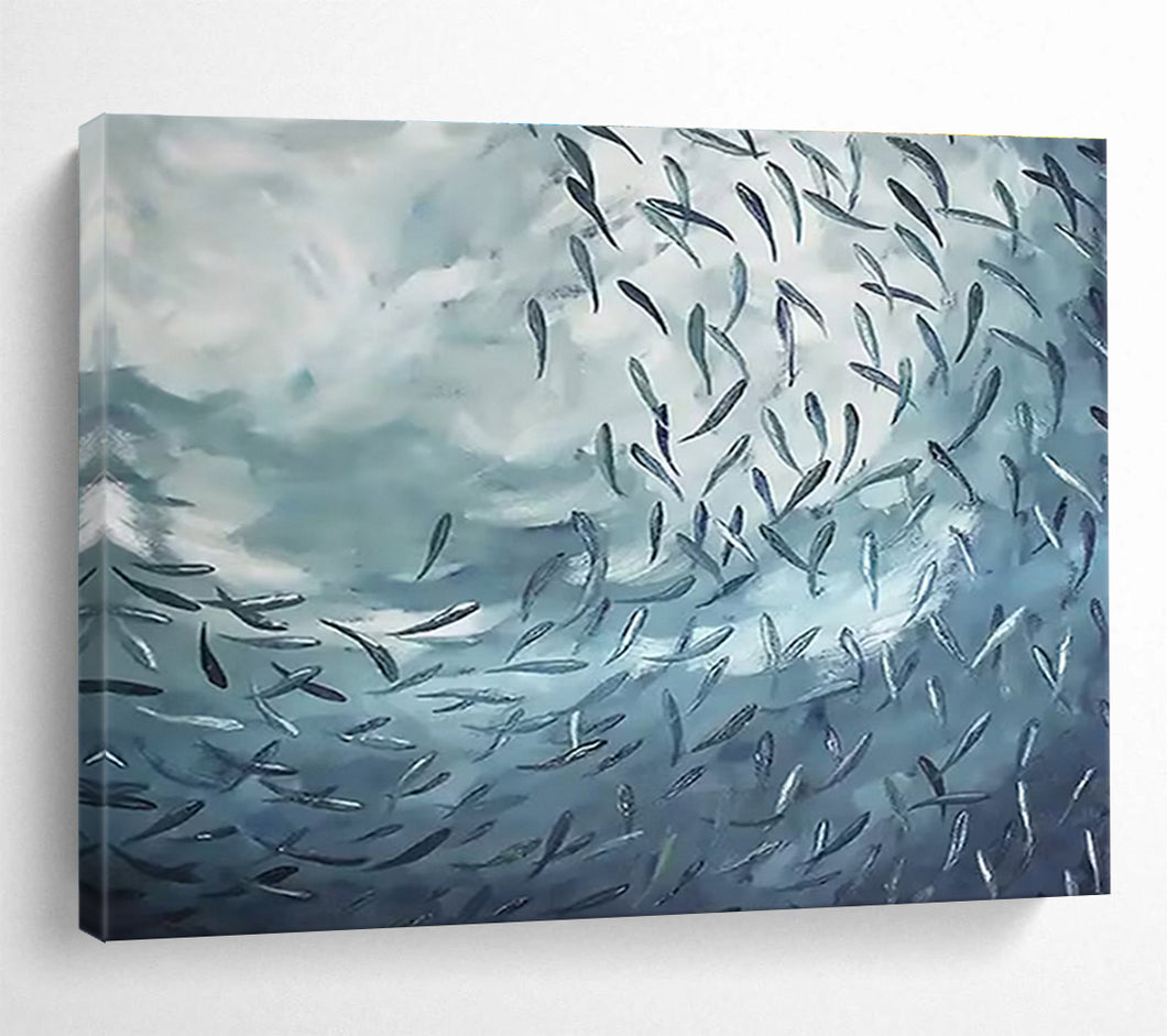 Blue - Toned Abstract “School of Fish in Motion” Painting on Canvas, Dynamic Wall Art DKH792