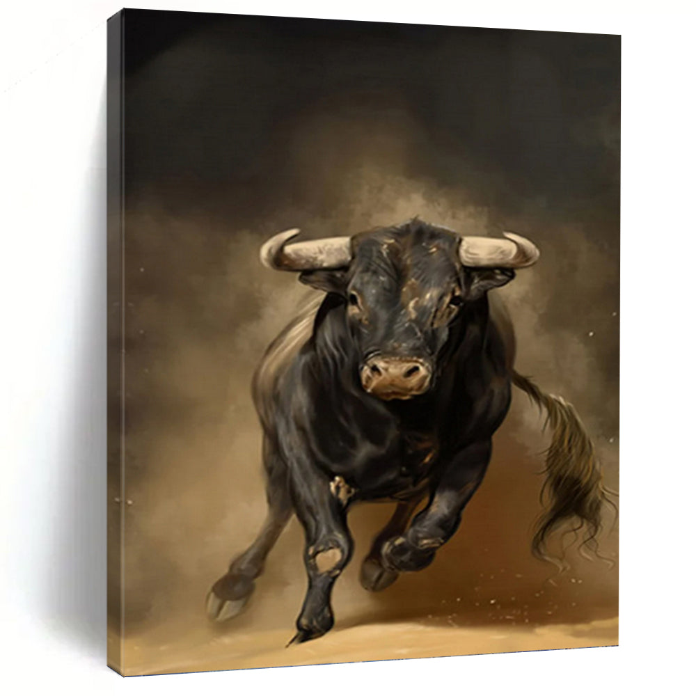“Powerful Black Bull” - Dark Brown, Black, and White Animal Art on Canvas DKH1409