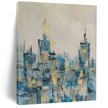 Load image into Gallery viewer, Blue &amp; Gold Abstract Cityscape Painting, Perfect for Modern Living Room &amp; Stylish Home Office LargeART2080
