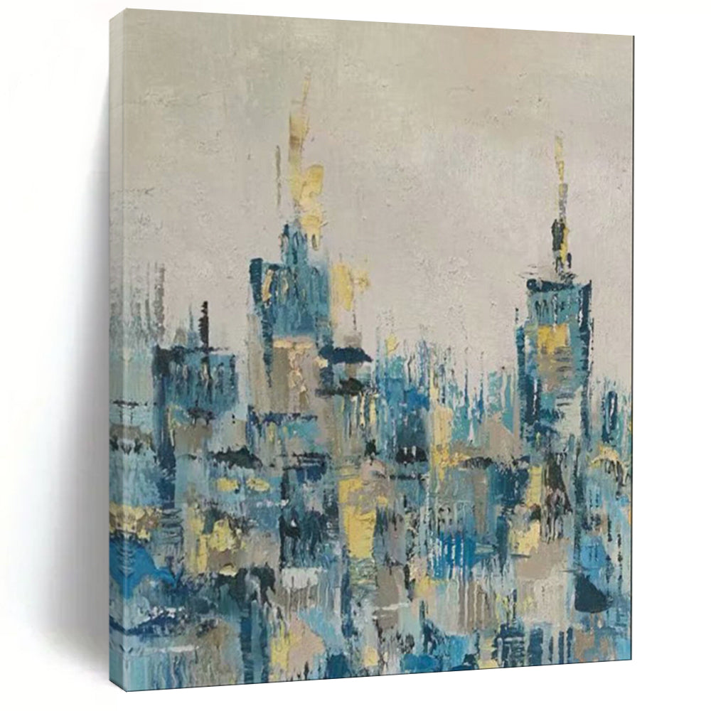 Blue & Gold Abstract Cityscape Painting, Perfect for Modern Living Room & Stylish Home Office LargeART2080
