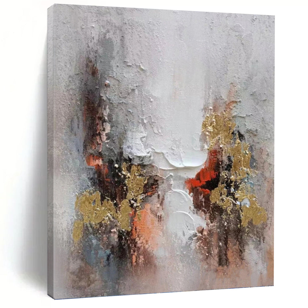 “Abstract Textured Landscape with Gold Accents” - Grey, Gold, Red Abstract Art on Canvas DKH1168