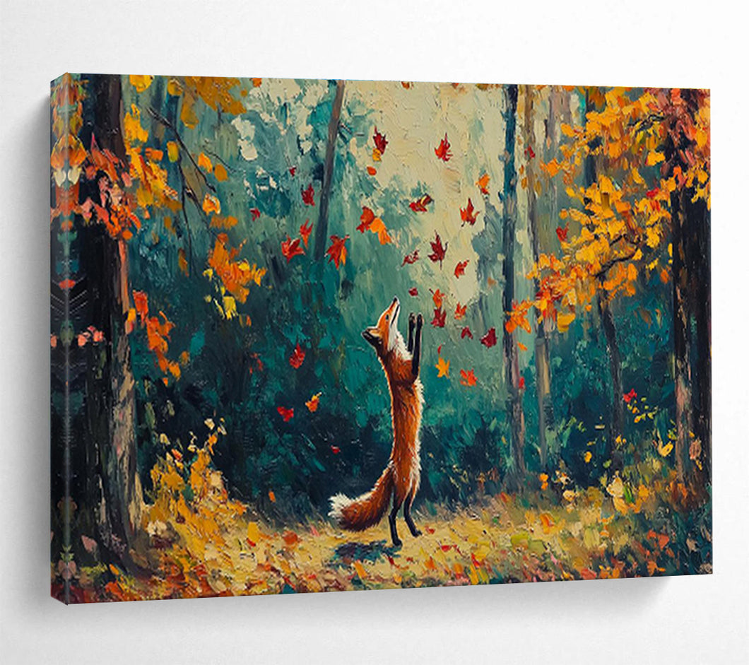 Autumn Fox in Forest Abstract Painting on Canvas - “Fall Play” DKH701