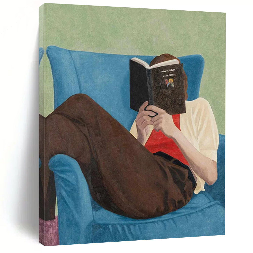 “Bookish Retreat” ，Soft green background, blue armchair, brown pants, white and red clothing, with a figure reading a book. DTP303