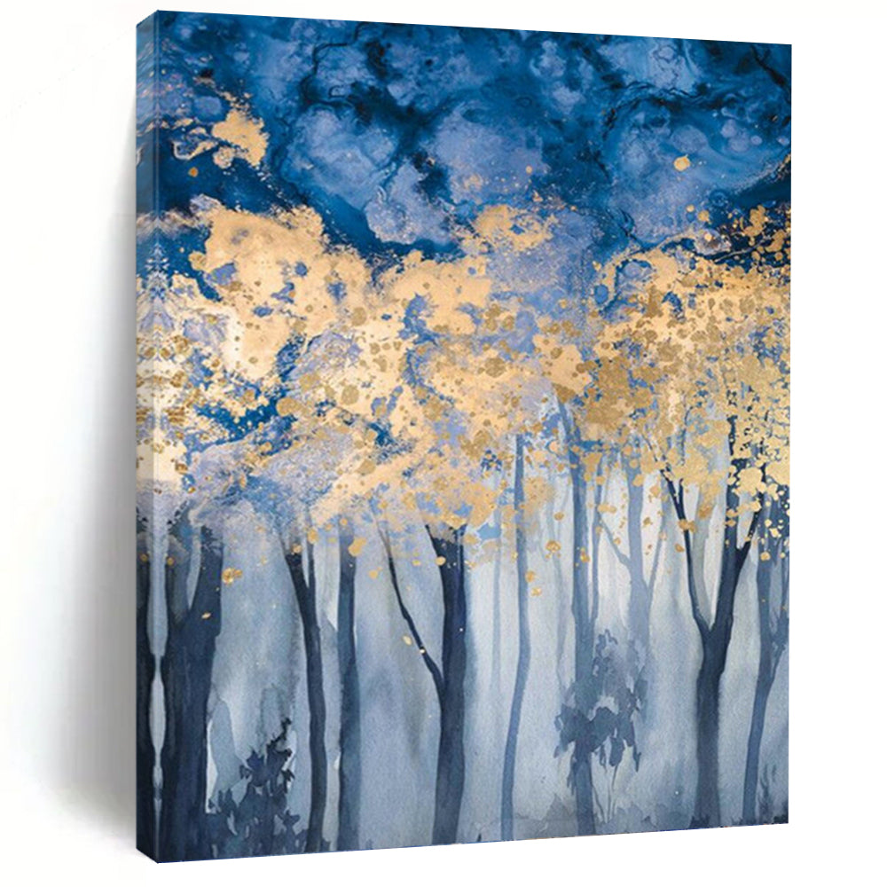 “Golden Canopy in Blue” Abstract Forest Painting on Canvas, Enchanted Woodland Art DKH936