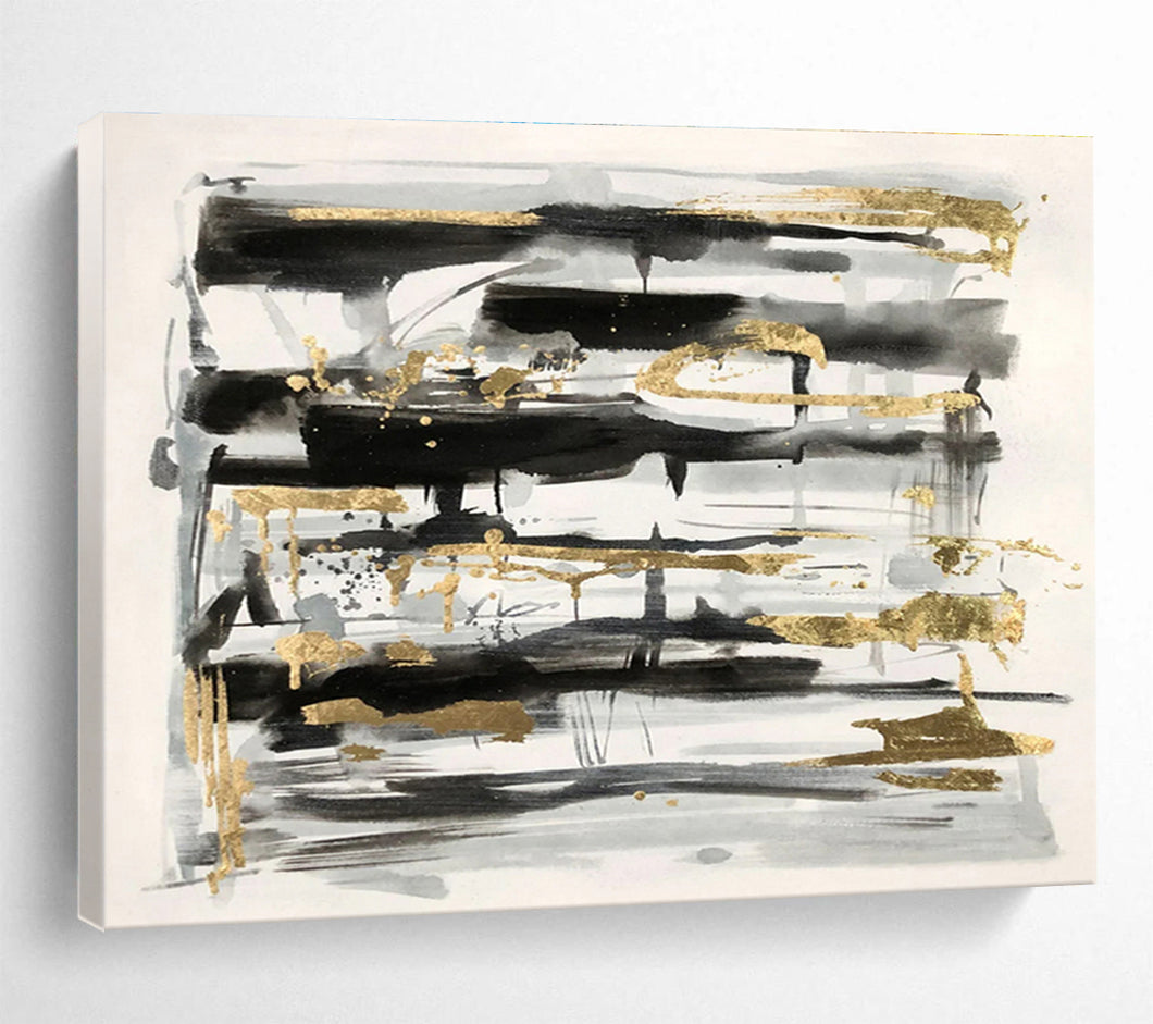 Gold Accent “Monochrome Luxury” Painting on Canvas, Elegant Abstract Decor DKH846
