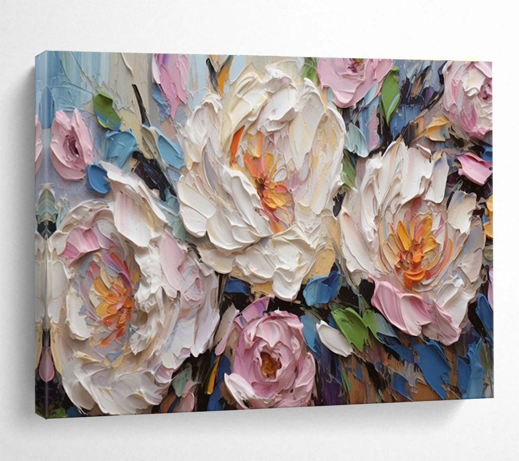 Textured Peonies “Soft Blooms” Painting on Canvas, Elegant Floral Art DKH891