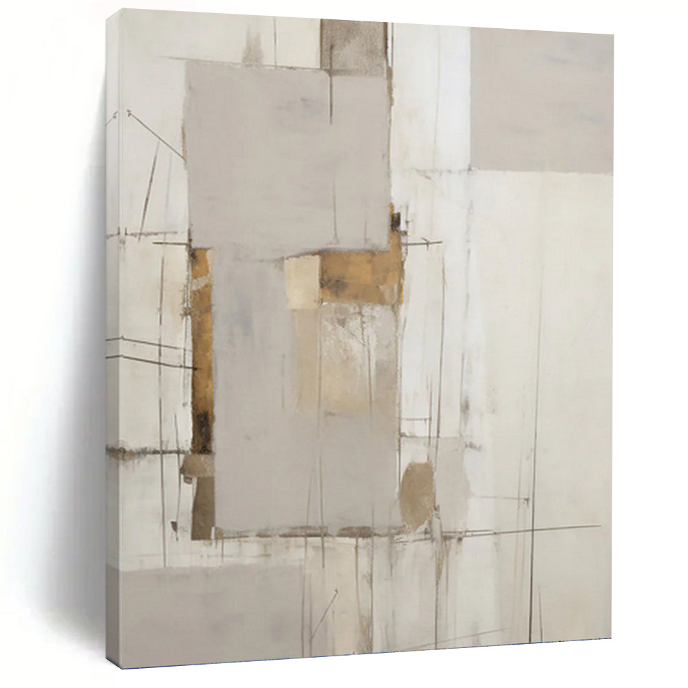 “Neutral Grid Abstract with Gold Accents” - Grey, White, Gold Abstract Art on Canvas DKH1316