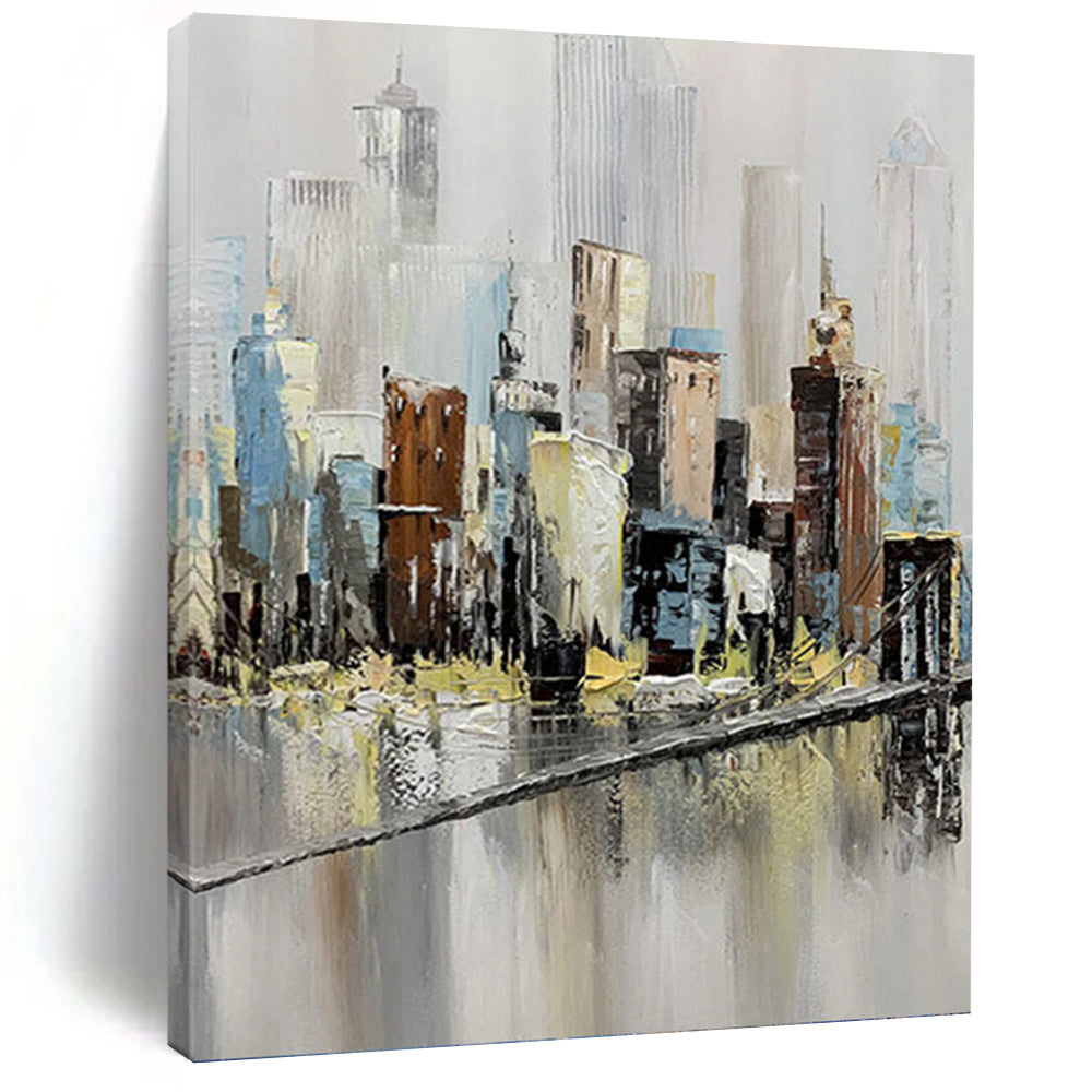 “Impasto Cityscape Reflection” - Textured Urban Art on Canvas DKH1451