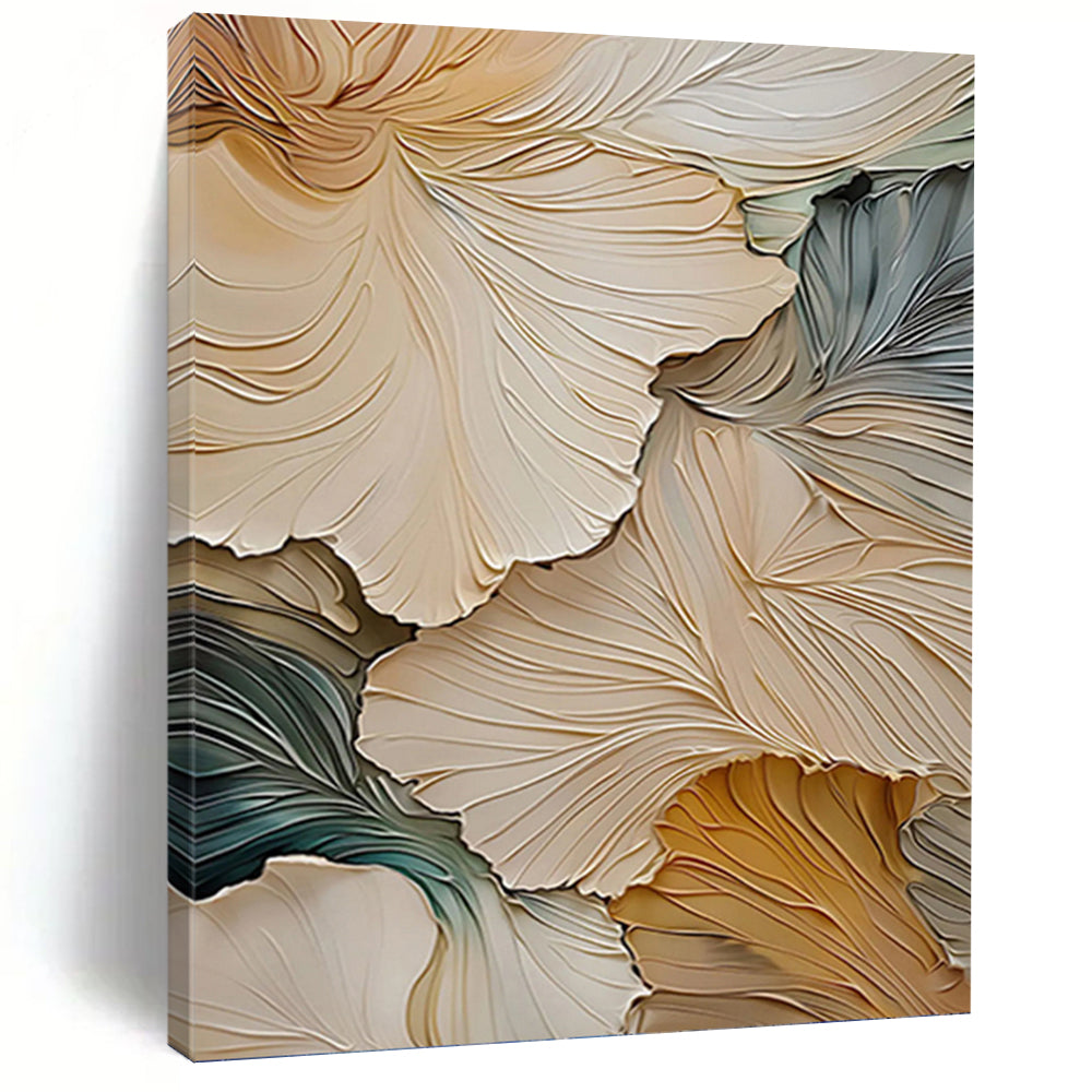 “3D Floral Leaf Detail” - Beige and Green Textured Art on Canvas DKH1385