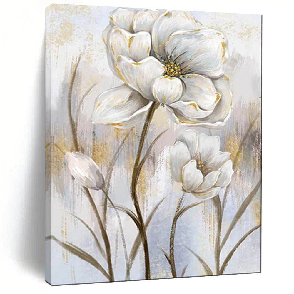Elegant White & Gold Floral Abstract Painting, Ideal for Glamorous Entryway & Sophisticated Dining Room LargeART1906