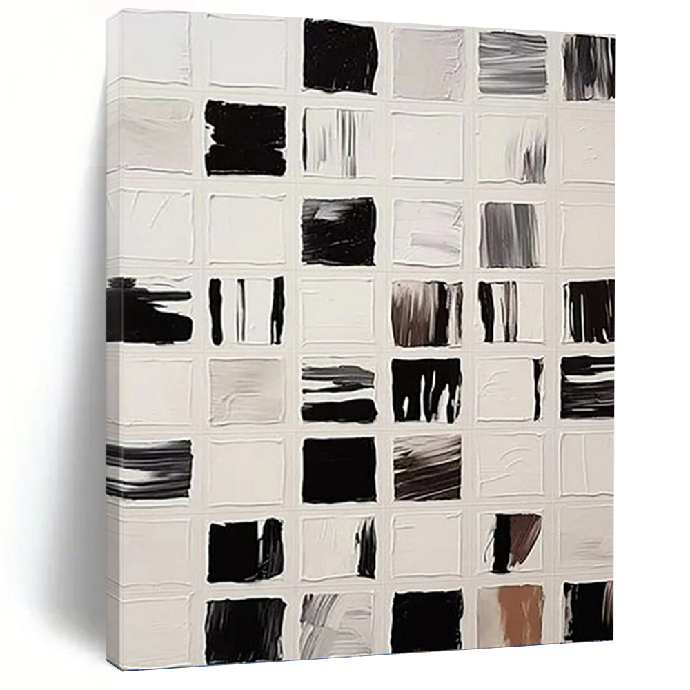 “Black and White Square Abstraction” - Black, White Abstract Art on Canvas DKH1133