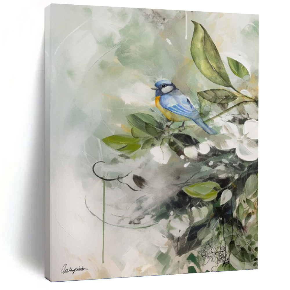 “Blue Bird and Blooms” - Nature - Inspired Bird and Flower Art, Abstract Painting on Canvas DKH1085
